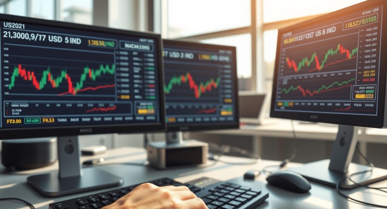 Professional forex trading desk analyzing USD/INR exchange rate amid market volatility