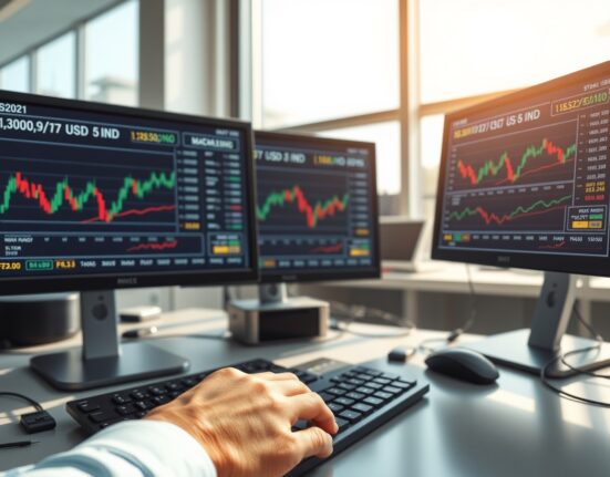 Professional forex trading desk analyzing USD/INR exchange rate amid market volatility