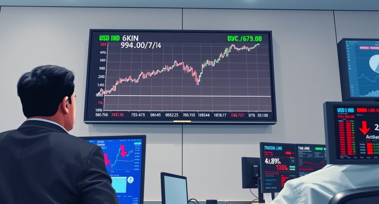 USD/INR exchange rate surging above 94 on a trading floor display amid foreign capital outflows.