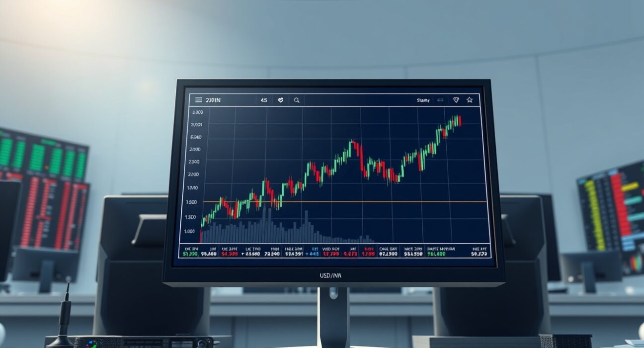 USD/INR currency pair chart on a trading desk monitor ahead of Non-Farm Payrolls data release.