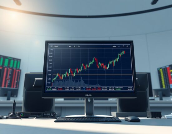 USD/INR currency pair chart on a trading desk monitor ahead of Non-Farm Payrolls data release.