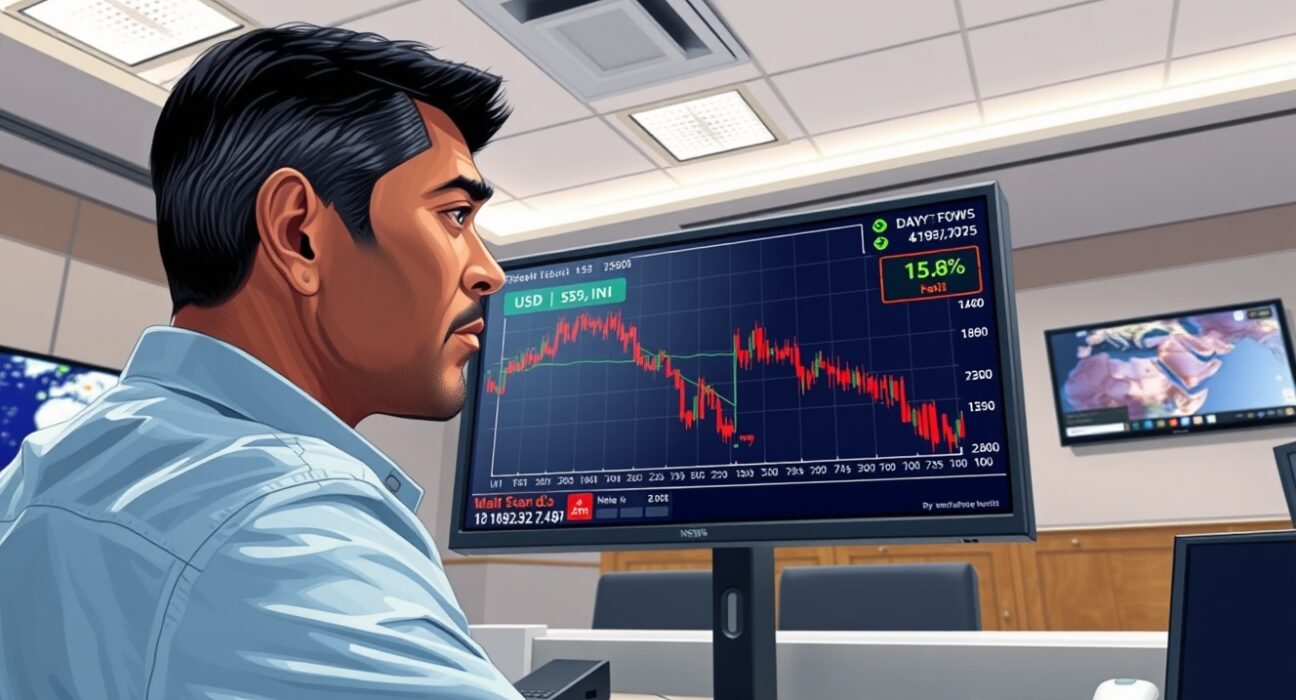 Trader analyzing USD/INR exchange rate movement following Middle East de-escalation news on currency markets.