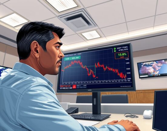 Trader analyzing USD/INR exchange rate movement following Middle East de-escalation news on currency markets.
