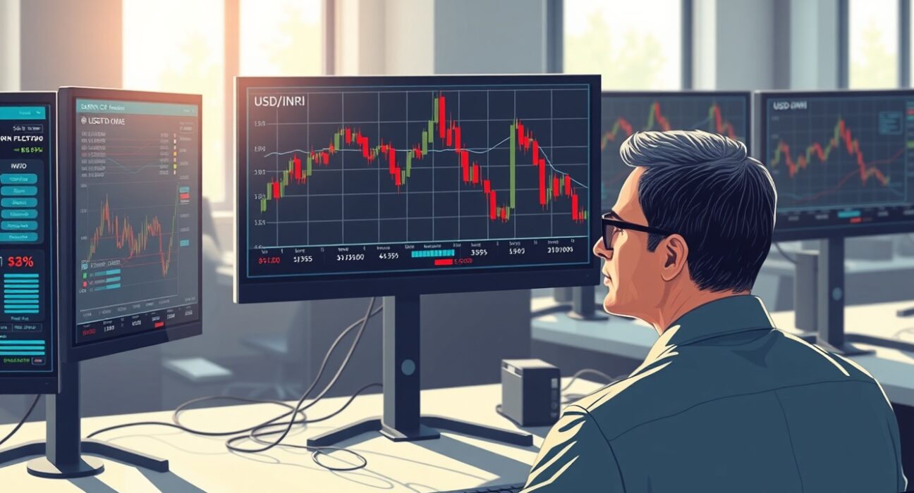 USD/INR exchange rate and oil price charts showing sharp declines following Middle East de-escalation news
