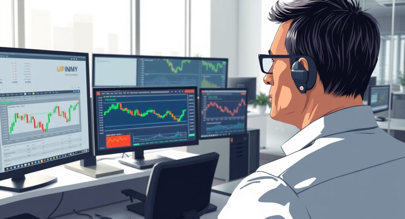 Financial analyst monitoring USD/INR exchange rate charts following RBI policy and geopolitical news.
