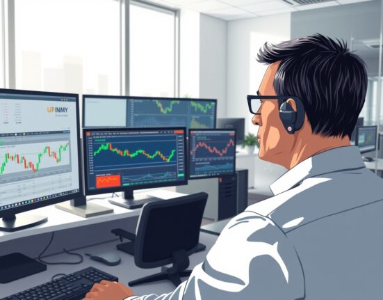 Financial analyst monitoring USD/INR exchange rate charts following RBI policy and geopolitical news.