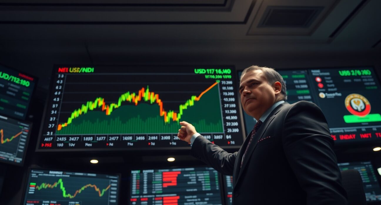 Analyst pointing at USD/INR chart on screen in trading room