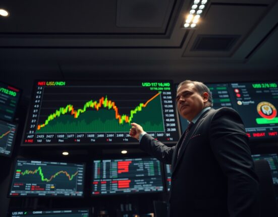 Analyst pointing at USD/INR chart on screen in trading room