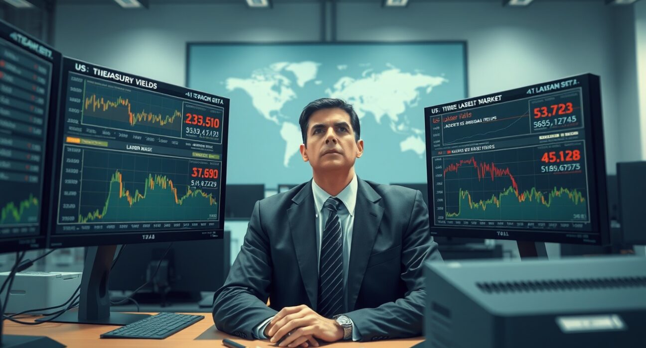 Financial analyst reviewing USD analysis charts for jobs data and Treasury yields.