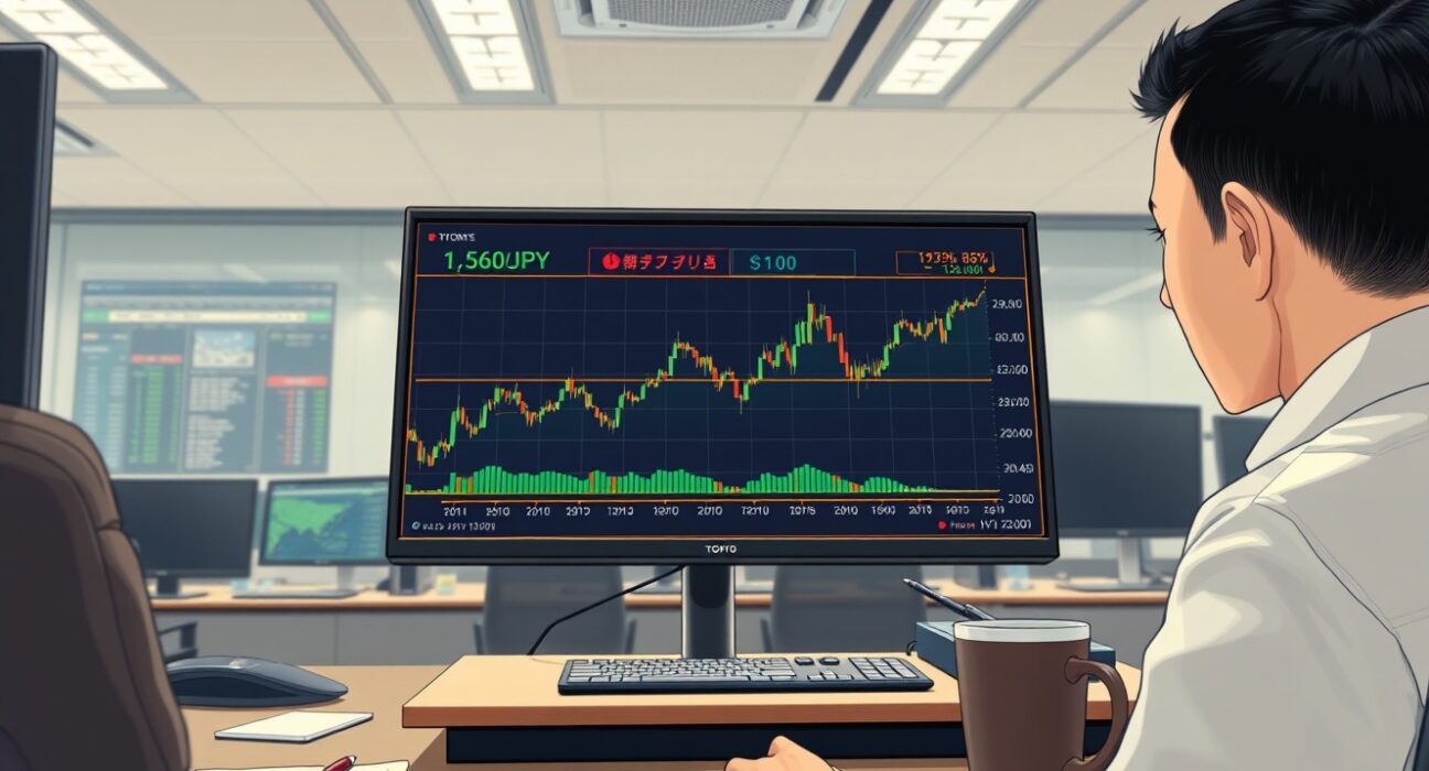 USD/JPY forex chart testing 158.00 level on Tokyo trading desk during geopolitical shift.