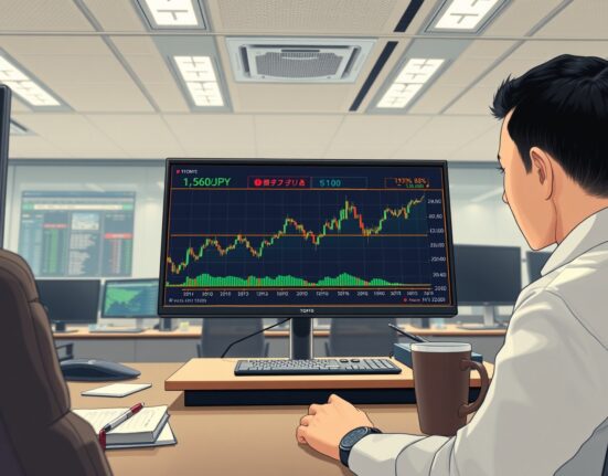 USD/JPY forex chart testing 158.00 level on Tokyo trading desk during geopolitical shift.