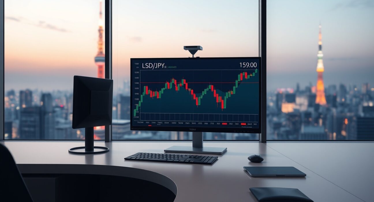 USD/JPY forex chart analysis on a trading desk in Tokyo as the pair nears 159.00.