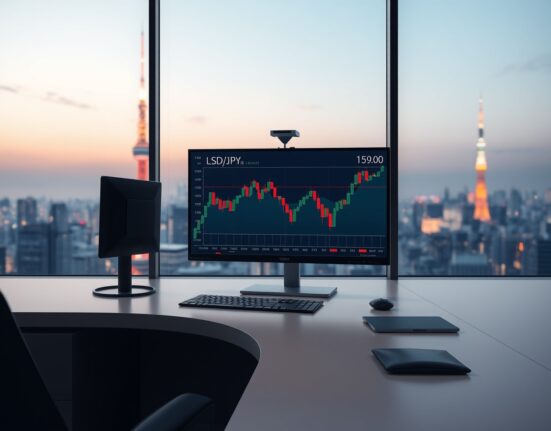 USD/JPY forex chart analysis on a trading desk in Tokyo as the pair nears 159.00.