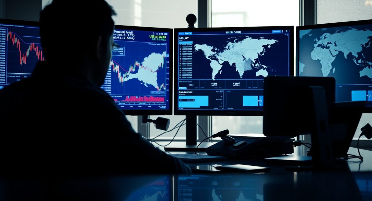 Financial analyst monitoring USD/JPY forex charts amid geopolitical uncertainty from Iran peace talks