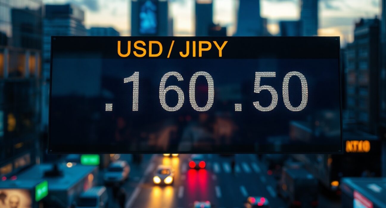 Digital trading screen showing USD/JPY exchange rate at 160.50 in a financial district setting