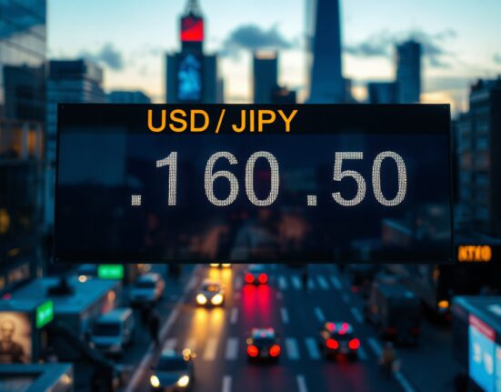 Digital trading screen showing USD/JPY exchange rate at 160.50 in a financial district setting