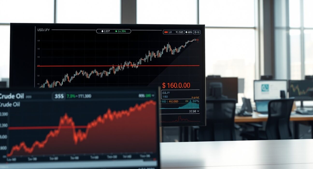 USD/JPY chart approaching 160.00 as crude oil prices surge, impacting currency markets.