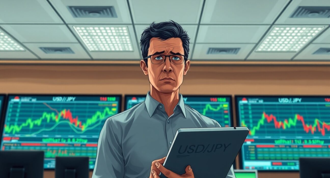 Financial analyst monitoring USD/JPY currency pair amid market volatility and geopolitical news.