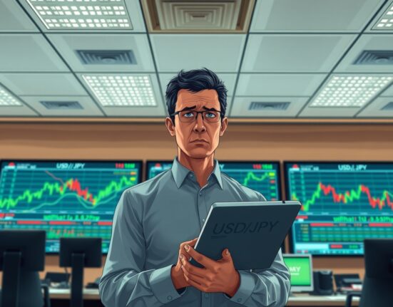 Financial analyst monitoring USD/JPY currency pair amid market volatility and geopolitical news.
