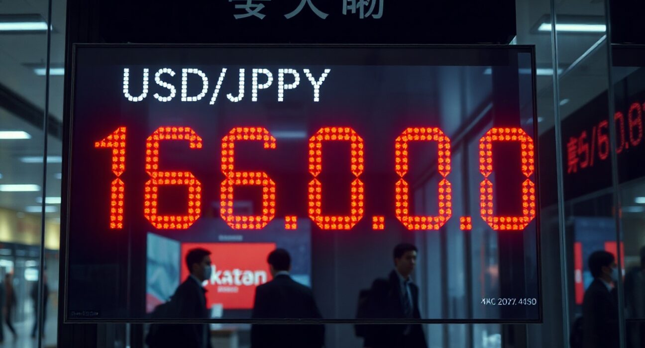 Digital currency exchange board in Tokyo showing USD/JPY at 160.00, with traders in background