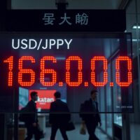 Digital currency exchange board in Tokyo showing USD/JPY at 160.00, with traders in background