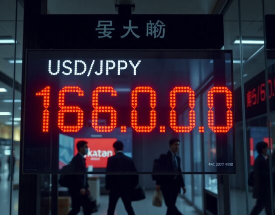 Digital currency exchange board in Tokyo showing USD/JPY at 160.00, with traders in background