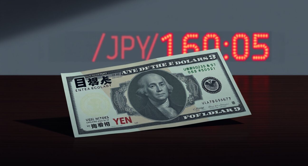 USD/JPY exchange rate chart showing surge beyond 160.00 level, highlighting intervention risks