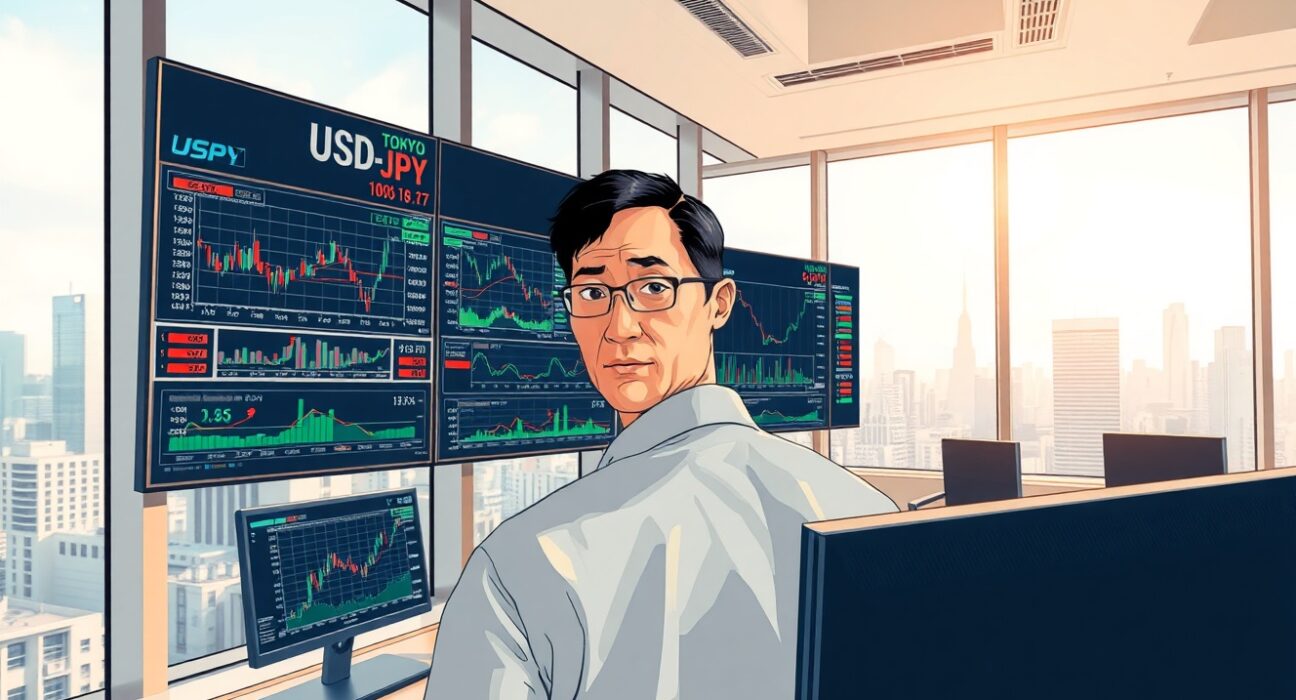 Financial analyst monitoring USD/JPY currency crisis and potential Bank of Japan rate hike decision