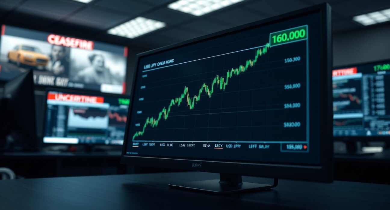 Forex trading screen showing USD/JPY spiking to 160.00 amid geopolitical uncertainty.