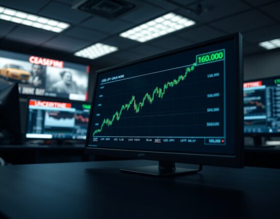 Forex trading screen showing USD/JPY spiking to 160.00 amid geopolitical uncertainty.