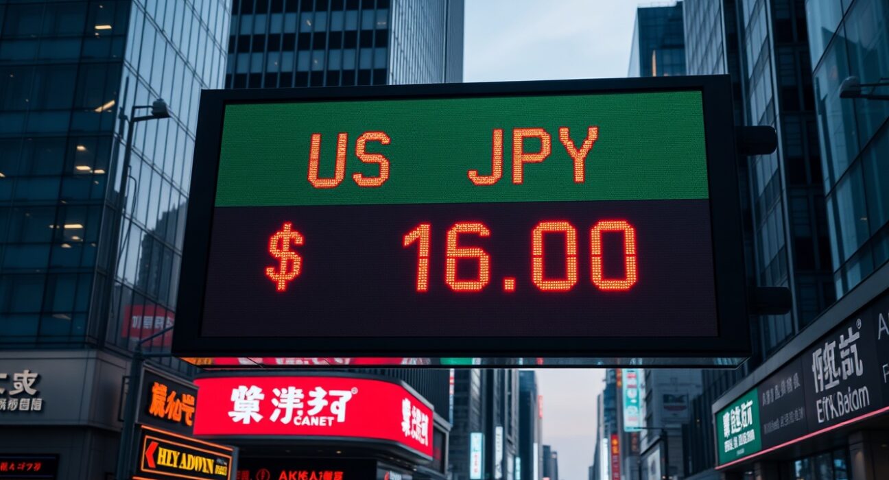 Electronic currency exchange board showing USD/JPY rate at 162 in a Tokyo financial district at dusk.