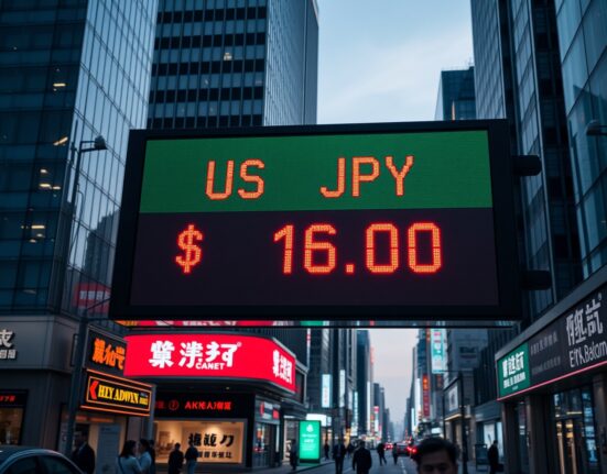 Electronic currency exchange board showing USD/JPY rate at 162 in a Tokyo financial district at dusk.