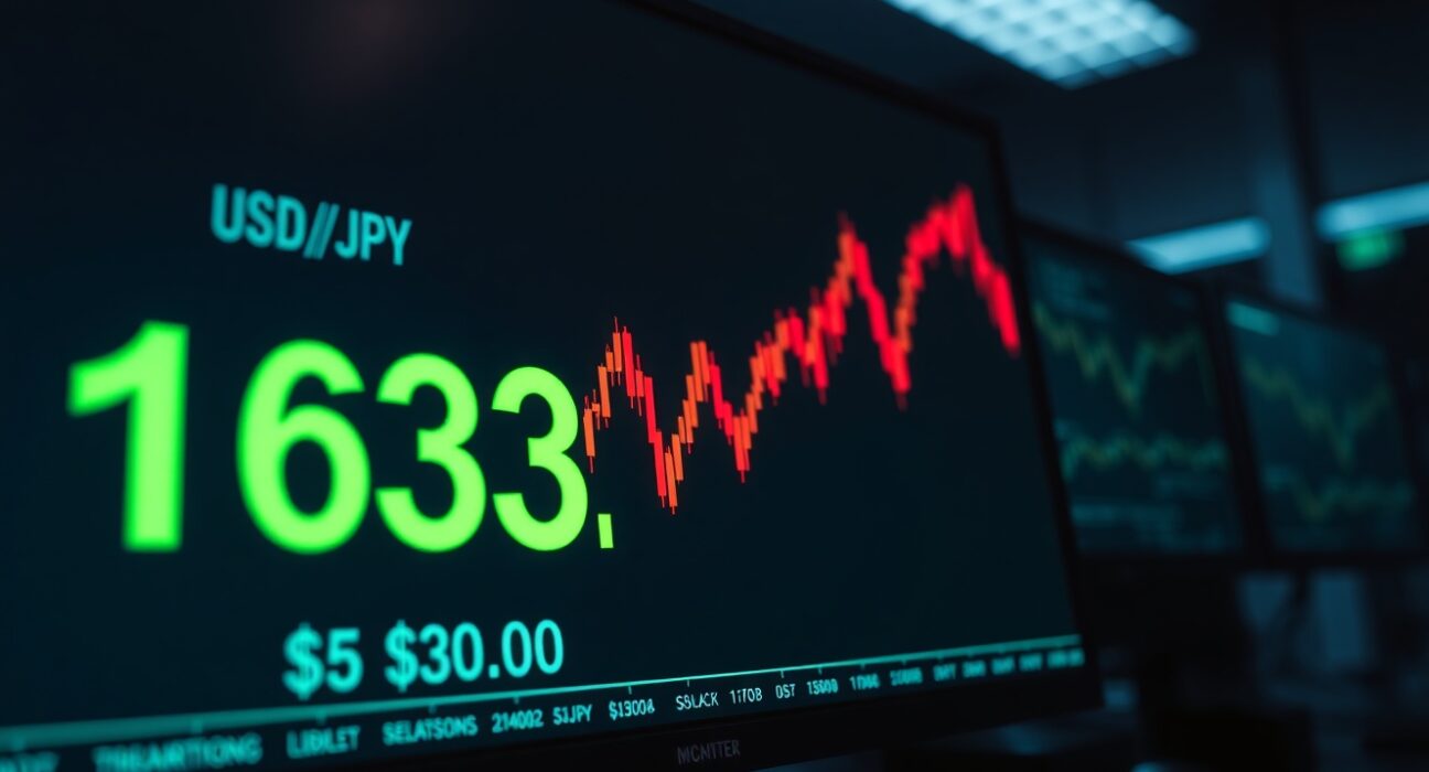 Financial trading screen showing USD/JPY exchange rate surging above 163.00