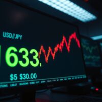 Financial trading screen showing USD/JPY exchange rate surging above 163.00