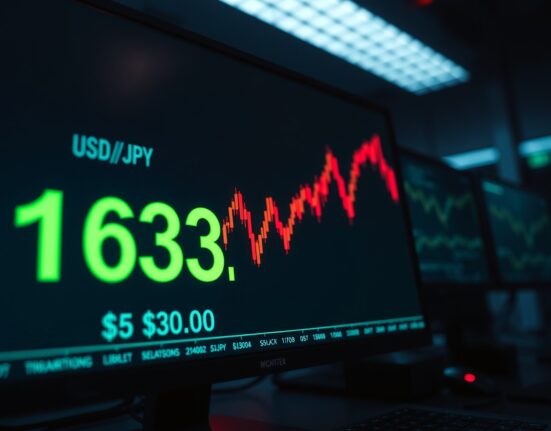 Financial trading screen showing USD/JPY exchange rate surging above 163.00