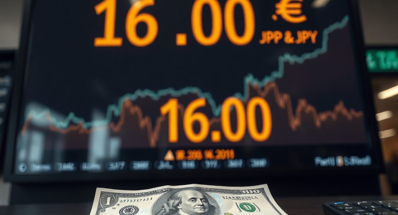 USD/JPY exchange rate board showing 160 in Tokyo, with yen and dollar banknotes in foreground
