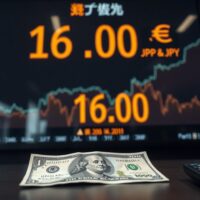 USD/JPY exchange rate board showing 160 in Tokyo, with yen and dollar banknotes in foreground