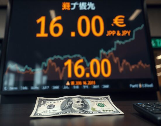 USD/JPY exchange rate board showing 160 in Tokyo, with yen and dollar banknotes in foreground