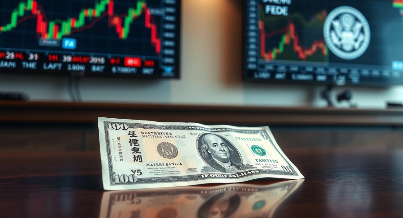 USD/JPY forex chart and yen banknotes on desk ahead of Bank of Japan and Federal Reserve policy meetings