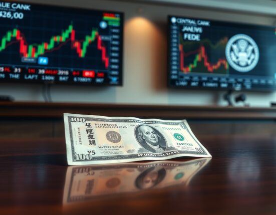 USD/JPY forex chart and yen banknotes on desk ahead of Bank of Japan and Federal Reserve policy meetings