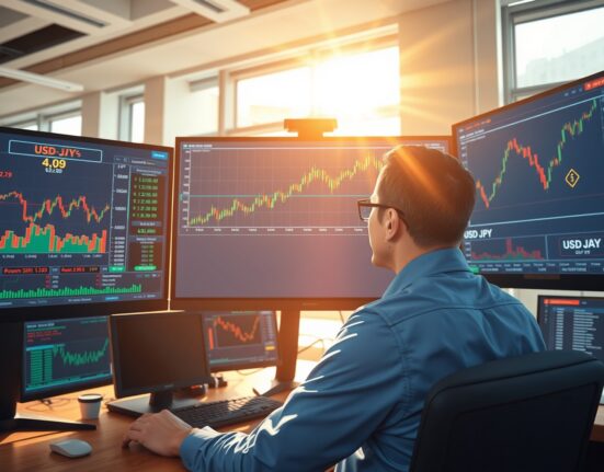 Trader monitoring USD/JPY currency pair and oil price charts during market volatility