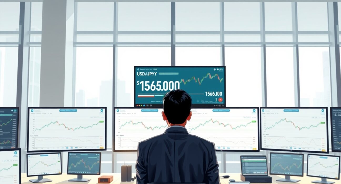 USD/JPY exchange rate analysis showing currency pair approaching 158.00 level on Tokyo trading desk