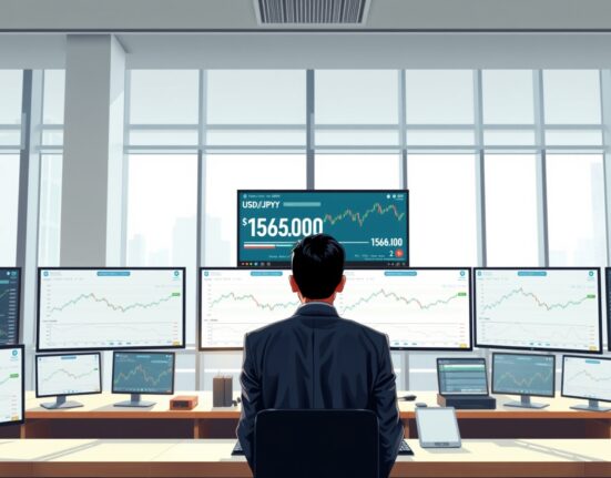USD/JPY exchange rate analysis showing currency pair approaching 158.00 level on Tokyo trading desk