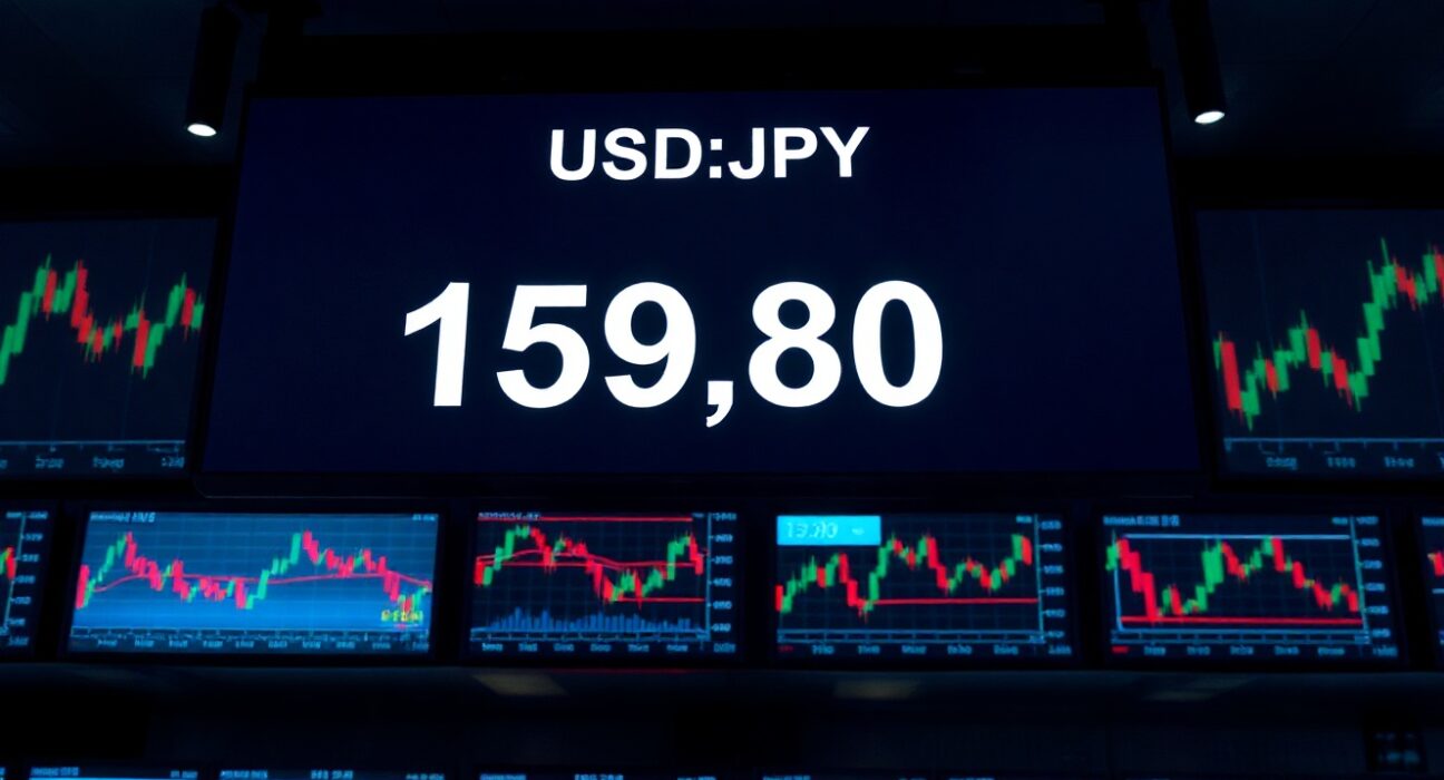 Digital forex trading board showing USD/JPY rate near 160.00 in a dimly lit trading floor