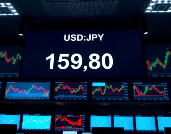 Digital forex trading board showing USD/JPY rate near 160.00 in a dimly lit trading floor