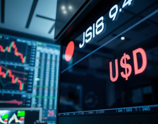 Currency exchange board showing USD/JPY rates in a financial district, symbolizing yen pressure from policy divergence.