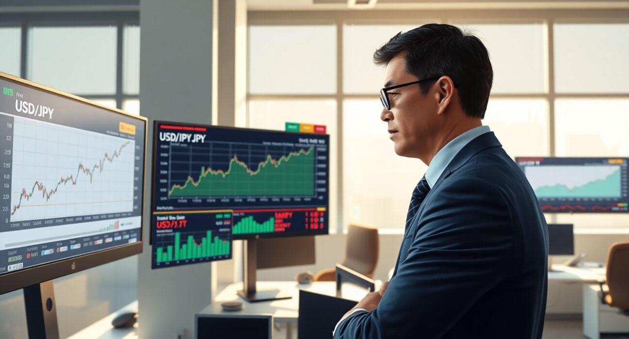 Financial analyst monitoring USD/JPY currency charts and oil price data in trading environment