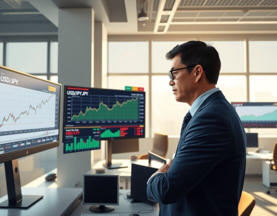 Financial analyst monitoring USD/JPY currency charts and oil price data in trading environment