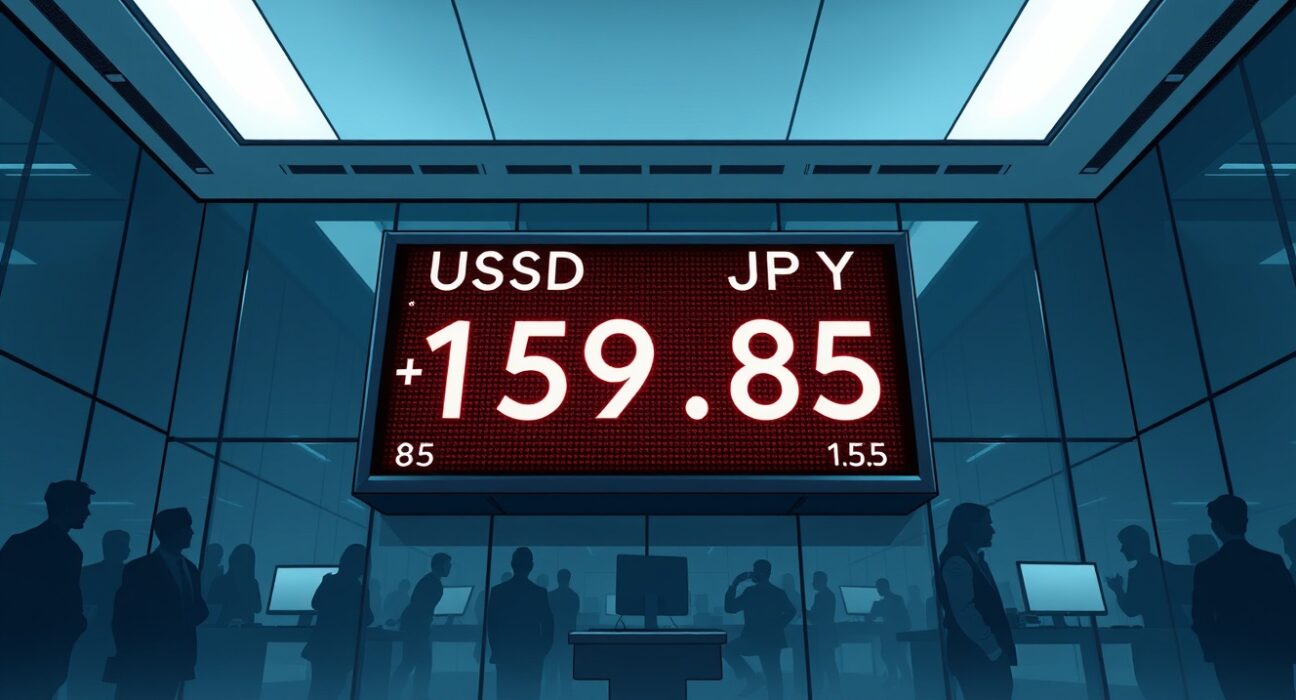 USD/JPY exchange rate board showing 159.85 on a Tokyo trading floor ahead of Fed decision and Tokyo CPI release