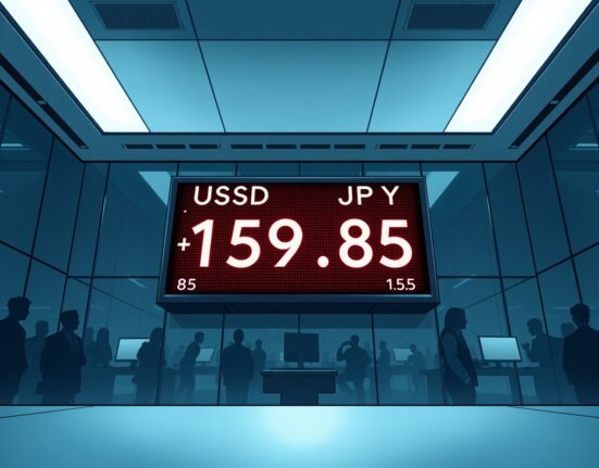 USD/JPY exchange rate board showing 159.85 on a Tokyo trading floor ahead of Fed decision and Tokyo CPI release